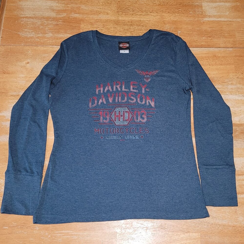 Denim Blue Harley Davidson XL Long Sleeve V-Neck T-Shirt Red Silver Lithograph